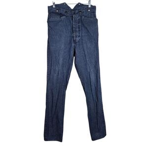 Vtg Frontier Classics Pinstripe Blue Jeans Sz 32 Buckle Back Suspender Buttons